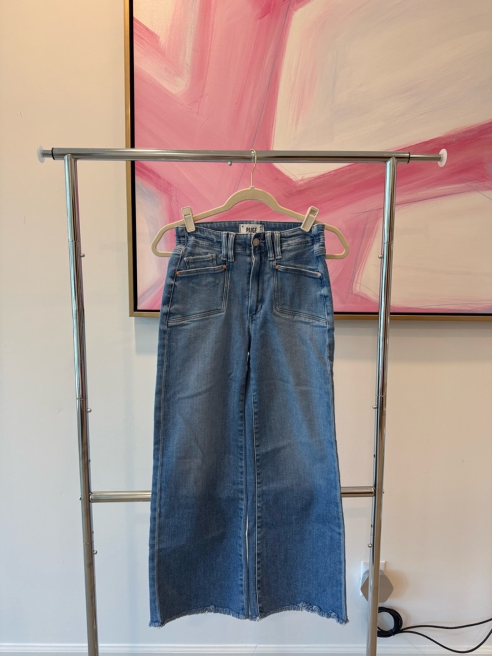 PAIGE Medium Blue Wide-Leg Jeans with Front Patch Pockets, size 25